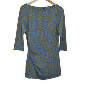 J. McLaughlin Women's Catalina Cloth Tunic Top M Blue Gold Boat Neck 3/4 Sleeve